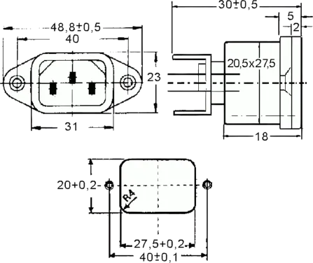 GSD781 - IEC Netz-Einbaustecker 10A Lochabstand=40mm mit Flachstecker 4.8mm