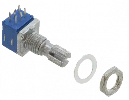 PTD902-1015K-A104 - Potenziometer Kohleschicht stereo 1 U logarythmisch 100k (Audio) 10% Achse gerändert 6mm L:15mm
