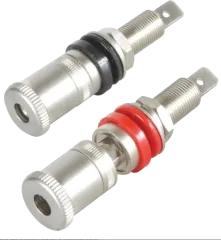 012-0220 - Paar Buchsen M9 rot-schwarz vergoldete Kontakte Mantel mattiert Nickel L: 26 mm